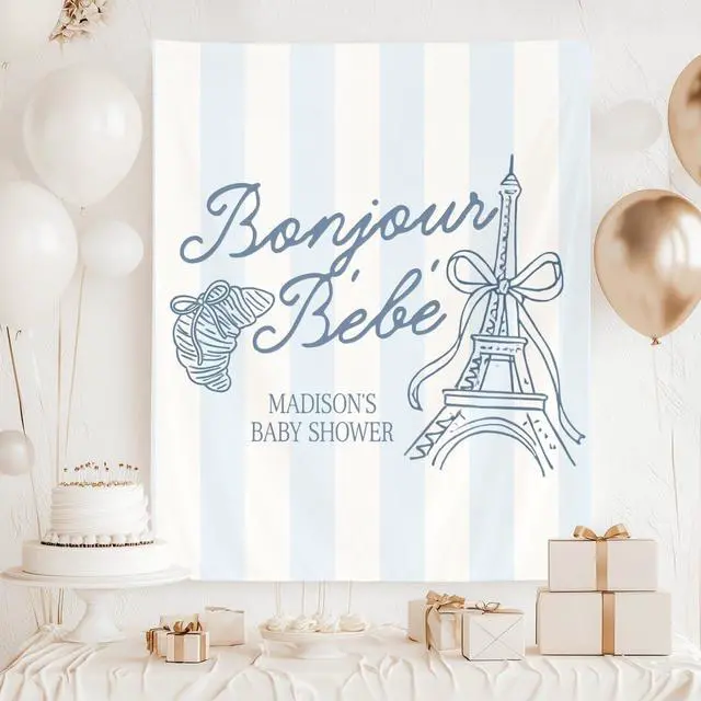 Alt view image 2 of 6 - Bonjour Bebe Baby Shower Welcome Banner, French Paris Cafe Decor For Gender Neutral Baby Sprinkle, Nursery Photo Backdrop Celebration