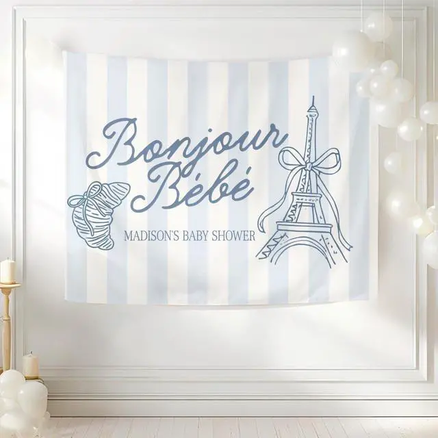 Alt view image 3 of 6 - Bonjour Bebe Baby Shower Welcome Banner, French Paris Cafe Decor For Gender Neutral Baby Sprinkle, Nursery Photo Backdrop Celebration