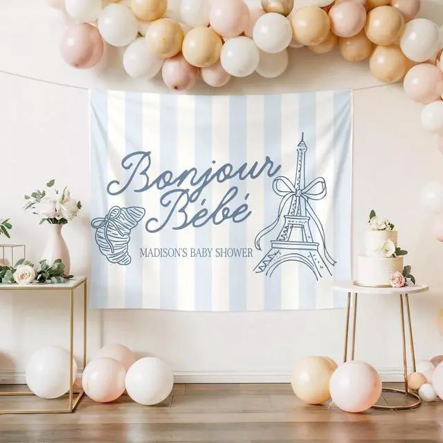 Alt view image 4 of 6 - Bonjour Bebe Baby Shower Welcome Banner, French Paris Cafe Decor For Gender Neutral Baby Sprinkle, Nursery Photo Backdrop Celebration