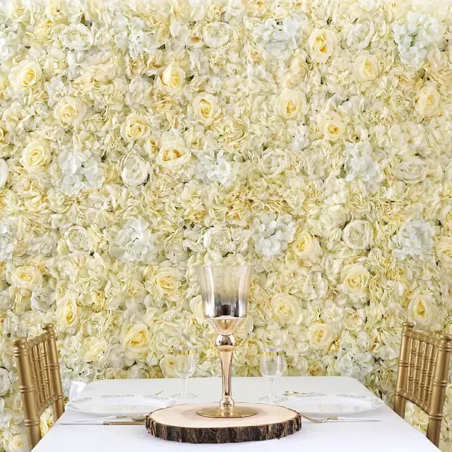 Main image of Efavormart Pack of 4 | 13 Sq. Ft. White Champagne Silk Flower Wall Panels, UV Protected 3D Mixed Floral Mat with Peonies and Roses for Wedding Backdrop