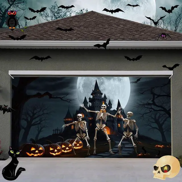 Alt view image 2 of 6 - Halloween Garage Door Decorations Banner Cover Horrible Pumpkin Night Halloween Garage Wall Decorations for Outdoor Holiday Party Indoor Outdoor Decor Banner Cover 16x7ft