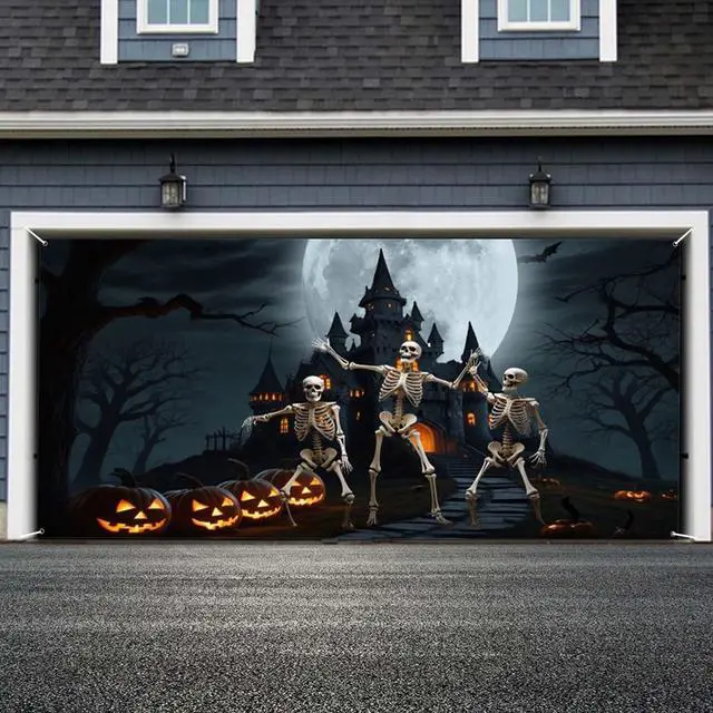 Alt view image 3 of 6 - Halloween Garage Door Decorations Banner Cover Horrible Pumpkin Night Halloween Garage Wall Decorations for Outdoor Holiday Party Indoor Outdoor Decor Banner Cover 16x7ft
