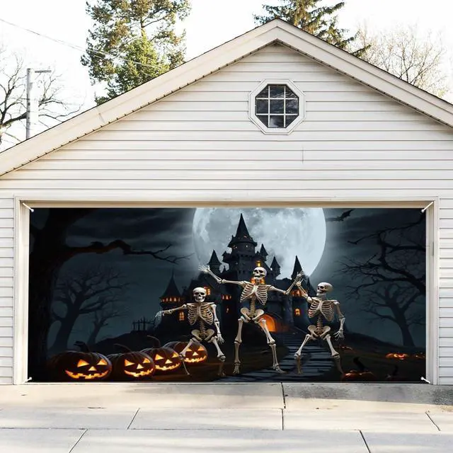 Alt view image 4 of 6 - Halloween Garage Door Decorations Banner Cover Horrible Pumpkin Night Halloween Garage Wall Decorations for Outdoor Holiday Party Indoor Outdoor Decor Banner Cover 16x7ft