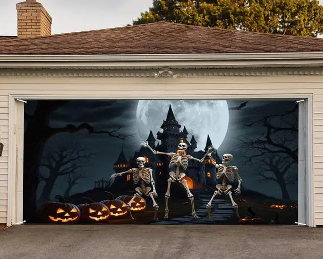 Alt view image 5 of 6 - Halloween Garage Door Decorations Banner Cover Horrible Pumpkin Night Halloween Garage Wall Decorations for Outdoor Holiday Party Indoor Outdoor Decor Banner Cover 16x7ft