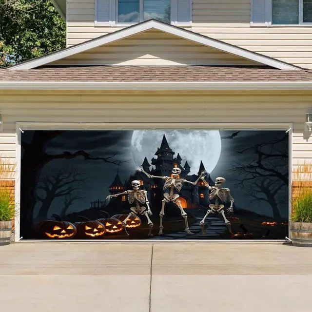 Alt view image 6 of 6 - Halloween Garage Door Decorations Banner Cover Horrible Pumpkin Night Halloween Garage Wall Decorations for Outdoor Holiday Party Indoor Outdoor Decor Banner Cover 16x7ft