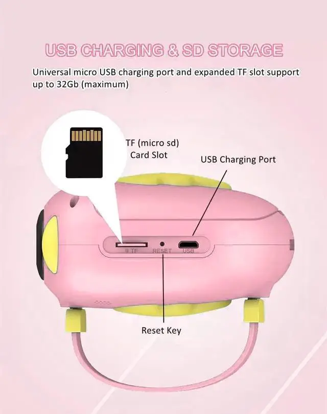 Alt view image 3 of 6 - 1080P Kids HD Digital Photo & Video Rechargeable Camcorder with 2" LCD Screen, Integrated Video Games, Removable Strap, 32GB Card, Memory Card Case, Card Reader & Micro USB Charging (Pink Kit)