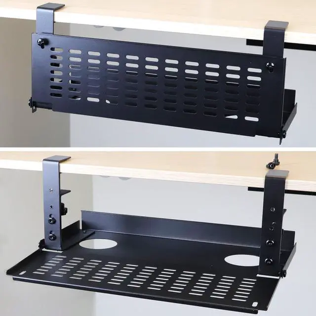 Main image of Universal Under Desk Cable Management Tray-Clamp Mount Hinged Swing Modesty Panel Organizer for Office Desks, Easy Access Flip-Down Position Power Strip Cord Storage No-Drill, 25 lb Capacity
