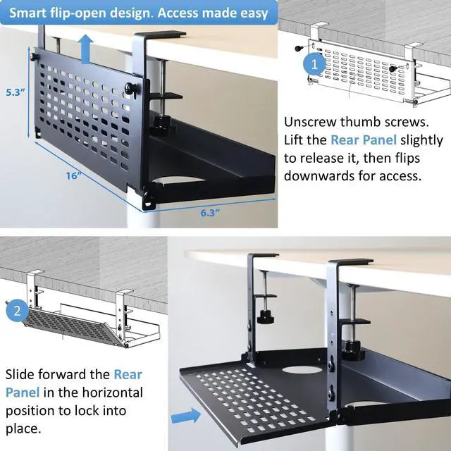 Alt view image 2 of 6 - Universal Under Desk Cable Management Tray-Clamp Mount Hinged Swing Modesty Panel Organizer for Office Desks, Easy Access Flip-Down Position Power Strip Cord Storage No-Drill, 25 lb Capacity
