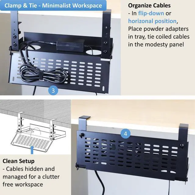 Alt view image 3 of 6 - Universal Under Desk Cable Management Tray-Clamp Mount Hinged Swing Modesty Panel Organizer for Office Desks, Easy Access Flip-Down Position Power Strip Cord Storage No-Drill, 25 lb Capacity