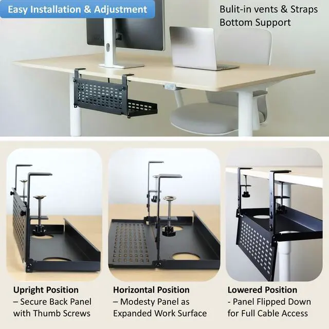 Alt view image 5 of 6 - Universal Under Desk Cable Management Tray-Clamp Mount Hinged Swing Modesty Panel Organizer for Office Desks, Easy Access Flip-Down Position Power Strip Cord Storage No-Drill, 25 lb Capacity