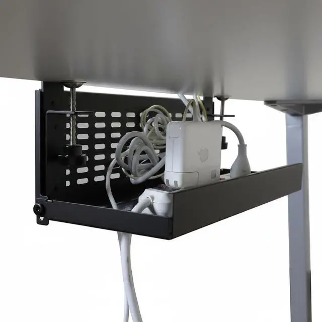 Alt view image 6 of 6 - Universal Under Desk Cable Management Tray-Clamp Mount Hinged Swing Modesty Panel Organizer for Office Desks, Easy Access Flip-Down Position Power Strip Cord Storage No-Drill, 25 lb Capacity