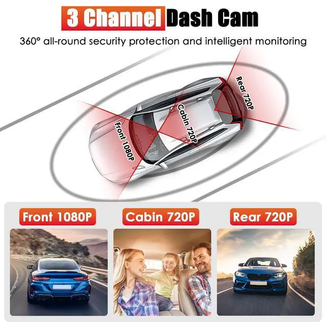 Alt view image 2 of 6 - 3 Channel Dash Cam Front and Rear Inside | 1080P Car DVR Camera | 170° Wide Angle | Included 64GB Card | Super Night Vision | Parking Monitor | Loop Recording | Reversing Camera