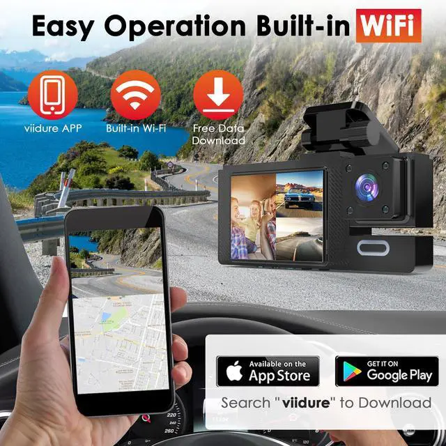Alt view image 5 of 6 - 3 Channel Dash Cam Front and Rear Inside | 1080P Car DVR Camera | 170° Wide Angle | Included 64GB Card | Super Night Vision | Parking Monitor | Loop Recording | Reversing Camera