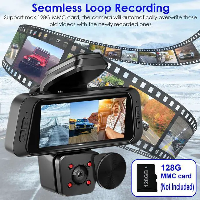 Alt view image 5 of 6 - 3 Channel WiFi Dash Cam Front and Rear Inside, 1080P Full HD Car Dash Camera, Three Way Triple Dashcams for Cars IR Night Vision, G-Sensor, Loop Recording, App Control