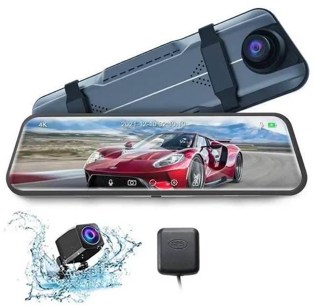Main image of 4K UHD 9.66" Mirror Front and Rear Dual Dash Camera Voice Control, Night Vision Touch Screen Waterproof Back Camera, 150°Wide Angle Monitoring Range with 64G SD Card