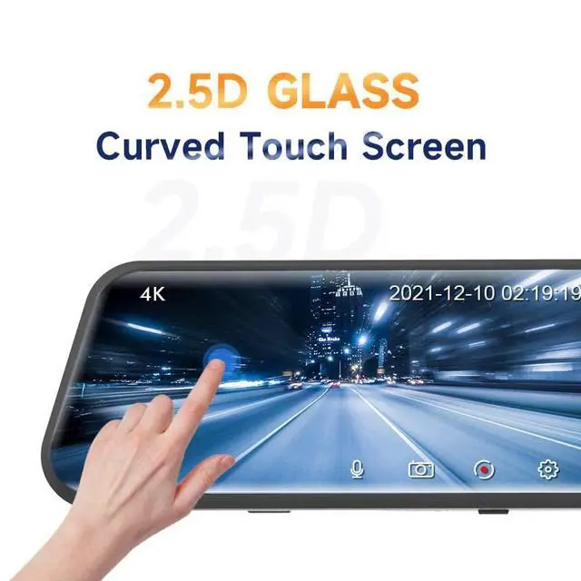 Alt view image 2 of 6 - 4K UHD 9.66" Mirror Front and Rear Dual Dash Camera Voice Control, Night Vision Touch Screen Waterproof Back Camera, 150°Wide Angle Monitoring Range with 64G SD Card