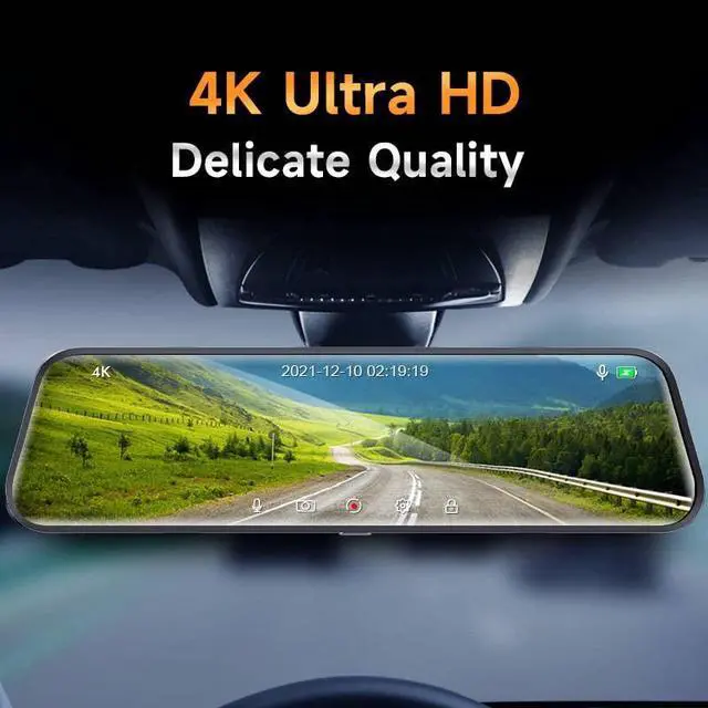 Alt view image 3 of 6 - 4K UHD 9.66" Mirror Front and Rear Dual Dash Camera Voice Control, Night Vision Touch Screen Waterproof Back Camera, 150°Wide Angle Monitoring Range with 64G SD Card