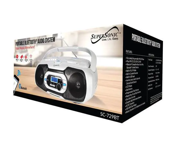 Alt view image 2 of 2 - SC-729BT Top Loading Programmable MP3/CD Boombox Player, Bluetooth, Cassette Recorder, FM Radio, USB/Aux Input, LCD Display, Rod Antenna, Bass Boost, Dual Voltage, Battery Option