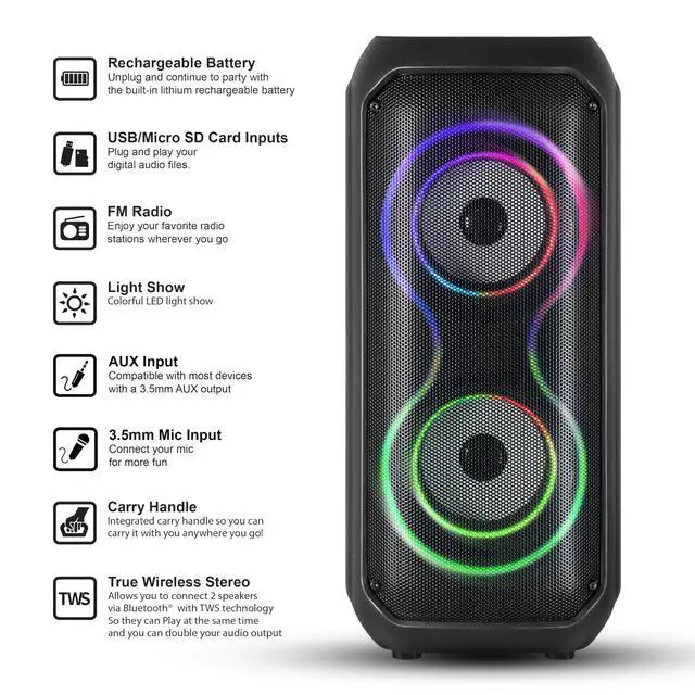 Alt view image 3 of 6 - IQ Sound IQ-3404BT 2x4-inch High Efficiency Speaker System, Bluetooth Enabled with TWS, Colorful LED Lights, USB/Micro SD/AUX Inputs, FM Radio, 3.5mm Mic Input, Rechargeable Battery, Built-in Handles