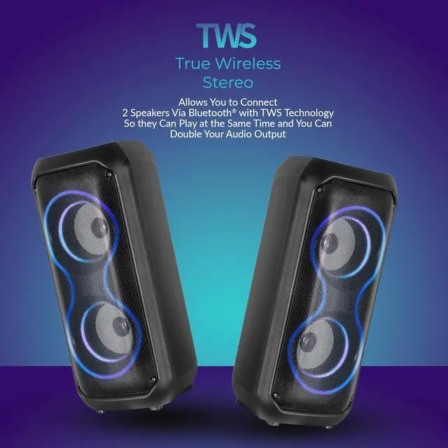 Alt view image 4 of 6 - IQ Sound IQ-3404BT 2x4-inch High Efficiency Speaker System, Bluetooth Enabled with TWS, Colorful LED Lights, USB/Micro SD/AUX Inputs, FM Radio, 3.5mm Mic Input, Rechargeable Battery, Built-in Handles