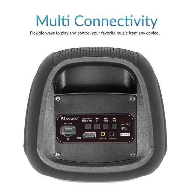 Alt view image 6 of 6 - IQ Sound IQ-3404BT 2x4-inch High Efficiency Speaker System, Bluetooth Enabled with TWS, Colorful LED Lights, USB/Micro SD/AUX Inputs, FM Radio, 3.5mm Mic Input, Rechargeable Battery, Built-in Handles
