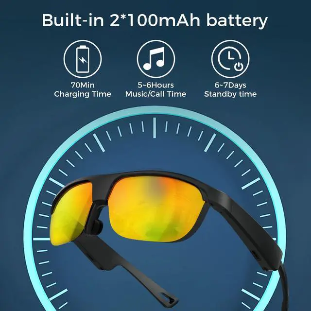 Alt view image 3 of 6 - Polarized Bluetooth Smart Sunglasses with Built-in Mic, Open-Ear Audio, IP65 Waterproof & 5-Hour Battery (Gold)