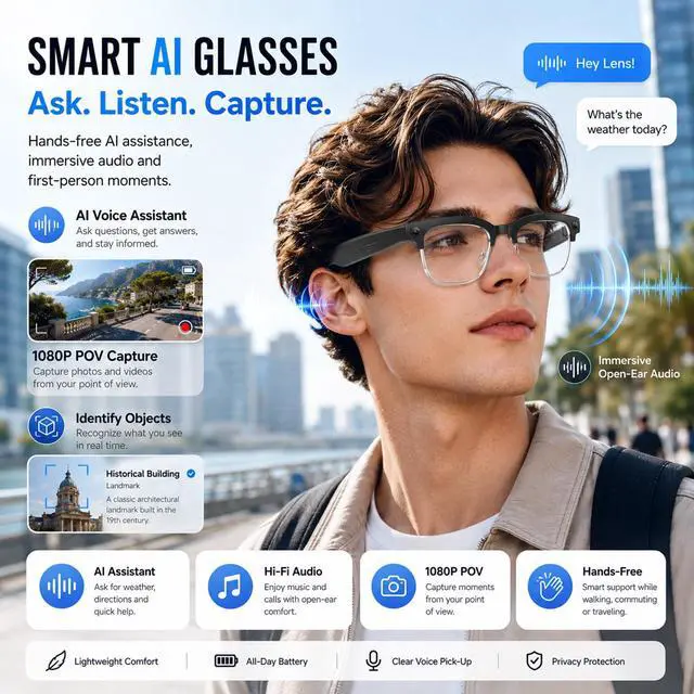 Alt view image 2 of 6 - AI Smart Glasses With Camera for Men Women,4K Video&Photo Recording,Real-Time Translation,AI Wearable Sunglasses for Vlogging, Travel, Business