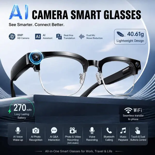 Alt view image 3 of 6 - AI Smart Glasses With Camera for Men Women,4K Video&Photo Recording,Real-Time Translation,AI Wearable Sunglasses for Vlogging, Travel, Business