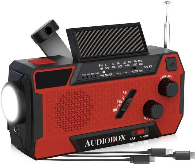 Main image of NOAA Portable Emergency Radio with SOS Alarm & LED Flashlight | 3-Band AM/FM/NOAA Weather Alerts, 2000mAh Rechargeable Battery, Solar & Hand Crank Power, IPX3 Water Resistant