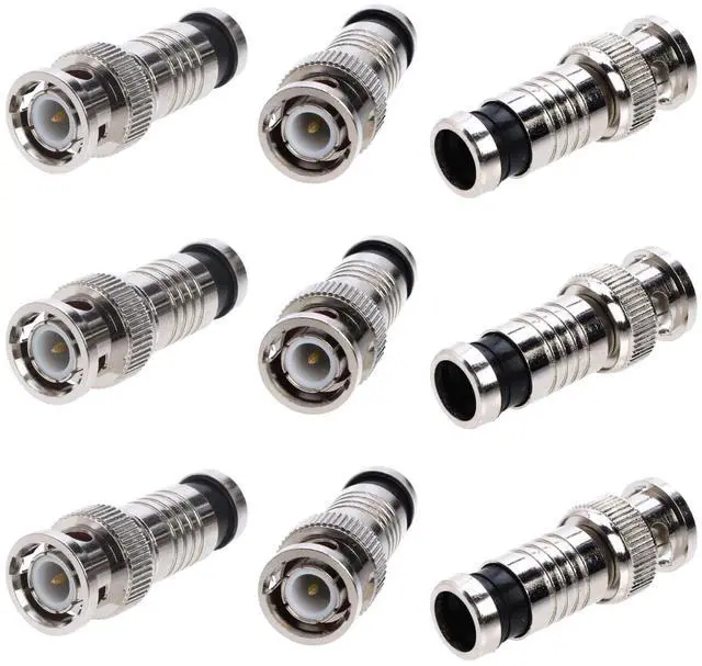 Main image of RG59 BNC Compression Connector Fixed Pin, All-Metal Nickel-Plated, 360° Radial Compression for Secure Signal, Weatherproof, Indoor/Outdoor, Compatible with CCTV, DVR, and Coaxial Cable (30 PCS)