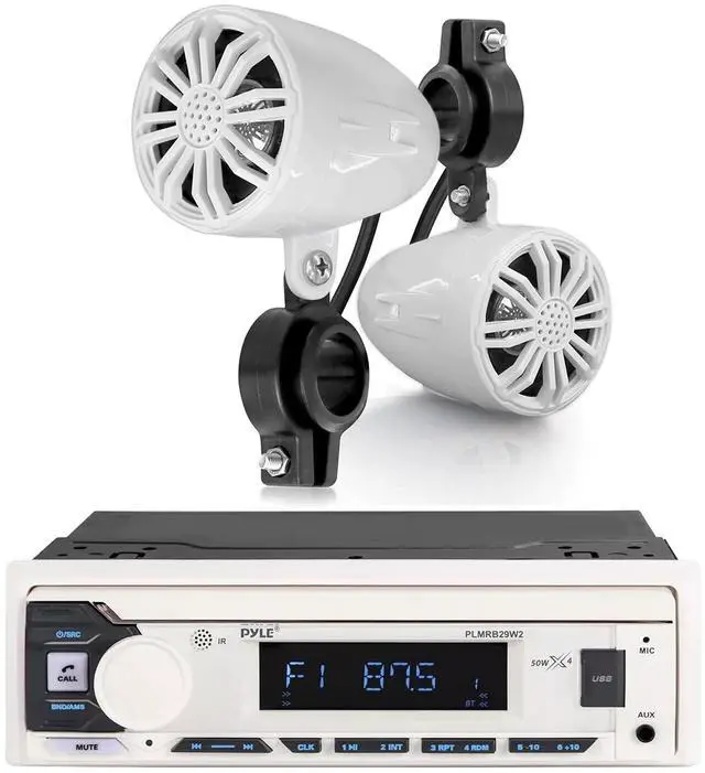 Main image of PLMRB29W2 Single DIN Marine Bluetooth MP3 Player Stereo Receiver, 2.25" 20 Watt Peak Power Compact PowerSport Waterproof Off Road Speakers (White, Pair)