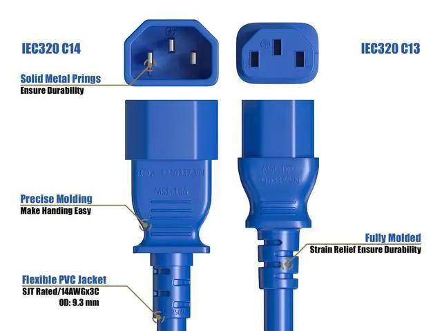 Alt view image 4 of 5 - 14 AWG 8 ft Power Cable IEC320 C13 to IEC320 C14, 15 Amp, 250 Volt, Computer, PDU, UPS, Blue Power Cord