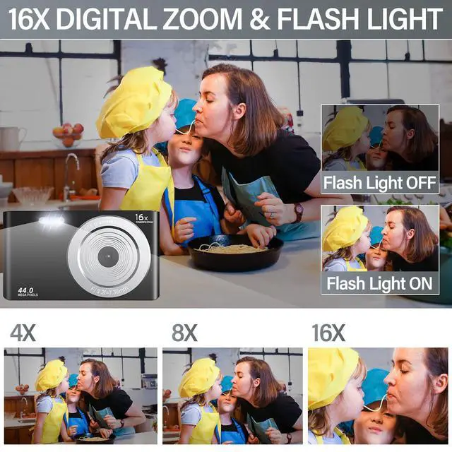 Alt view image 2 of 6 - Digital Camera, 1080P 44MP Compact Camera for Kids Digital Video Camera with 16X Digital Zoom, Portable Point and Shoot Digital Cameras for Beginners,Students,Teens with 32GB SD Card and 2 Batteries