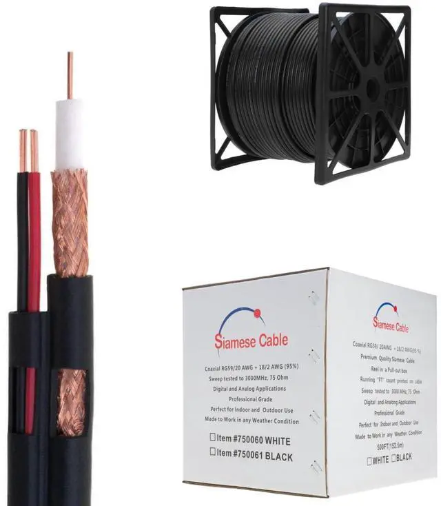 Main image of RG59/U Siamese Cable CCTV Video Wire 20-Gauge + 18/2 AWG Power with 95% Shielding, 250ft, Black
