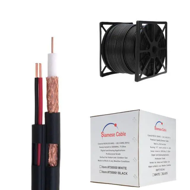Main image of RG59/U Siamese Cable CCTV Video Wire 20-Gauge + 18/2 AWG Power with 95% Shielding, 500ft, Black