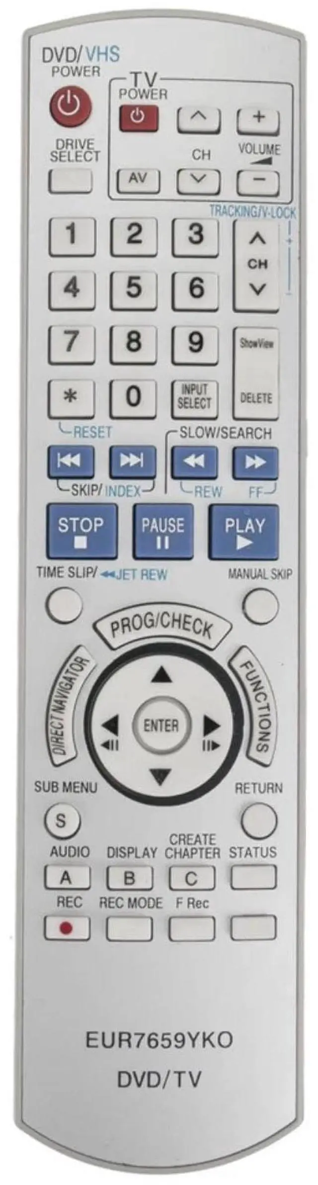 Main image of EUR7659YKO Replacement Remote Control for Panasonic DVD VCR Recorder in Living Rooms or Rooms, Size Approximately About 8 x 2 x 0.6 in, Replace Remote Replacement Models EUR7659YC0