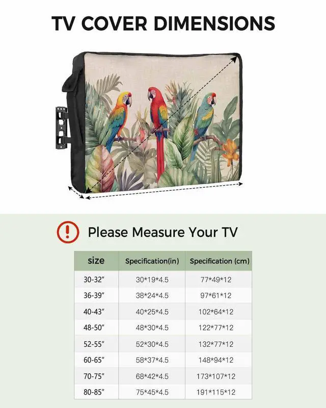 Alt view image 2 of 6 - Tropical Birds Waterproof Outdoor TV Cover 40-43 Inch Weatherproof, Outside Television Cover TV Screen Protector with Remote Control Pocket, Rustic Green Palm Tree Leaves Animal