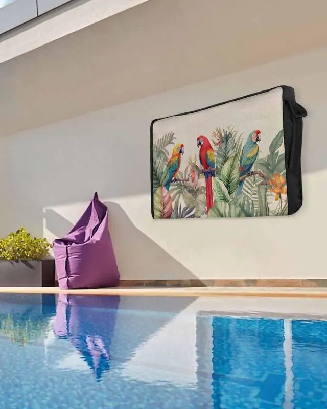 Alt view image 5 of 6 - Tropical Birds Waterproof Outdoor TV Cover 40-43 Inch Weatherproof, Outside Television Cover TV Screen Protector with Remote Control Pocket, Rustic Green Palm Tree Leaves Animal