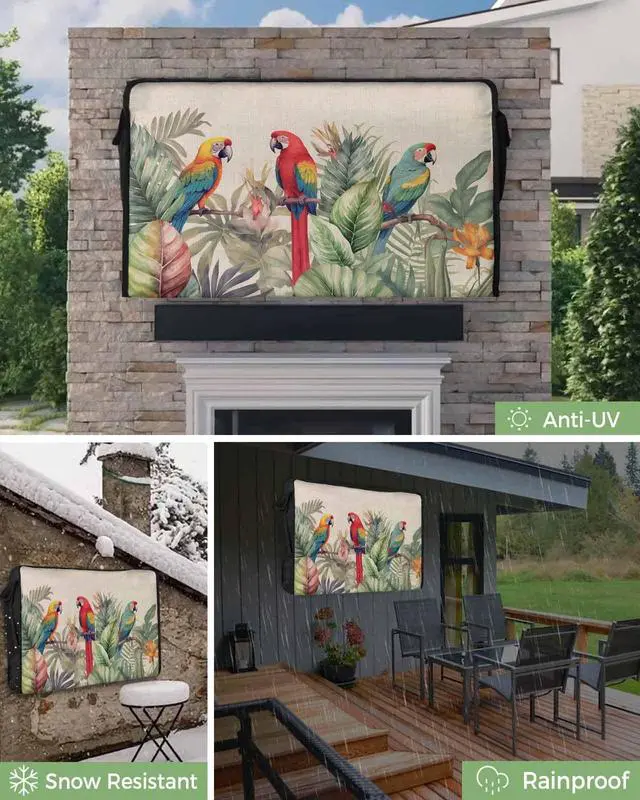 Alt view image 6 of 6 - Tropical Birds Waterproof Outdoor TV Cover 40-43 Inch Weatherproof, Outside Television Cover TV Screen Protector with Remote Control Pocket, Rustic Green Palm Tree Leaves Animal