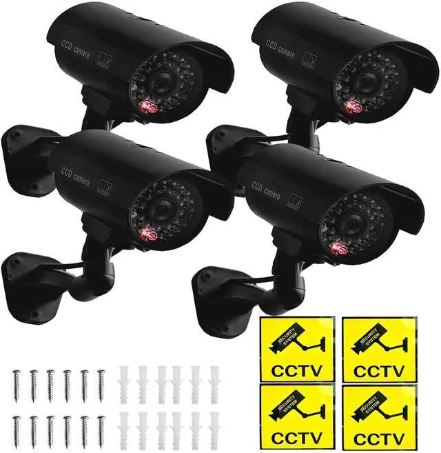 Main image of Fake Camera, Dummy Camera CCTV Surveillance System with Realistic Red LED Flashing Light for Outdoor and Indoor + Warning Sticker (4 Pack, Black)