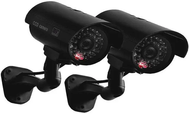 Main image of Fake Camera, Dummy Camera CCTV Surveillance System with Realistic Red LED Flashing Light for Outdoor and Indoor + Warning Sticker (2 Pack, Black)