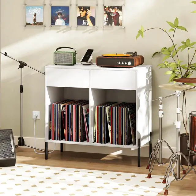 Main image of Large Record Player Stand with Charging Station, Mid Century Wood Turntable Stand with 2 Storage Drawers & Compartments, Vinyl Record Storage for Living Room (White)