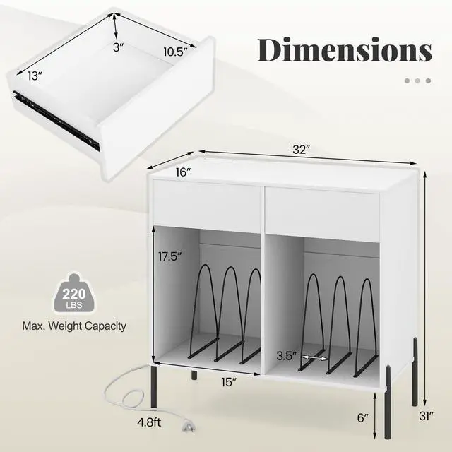 Alt view image 2 of 6 - Large Record Player Stand with Charging Station, Mid Century Wood Turntable Stand with 2 Storage Drawers & Compartments, Vinyl Record Storage for Living Room (White)