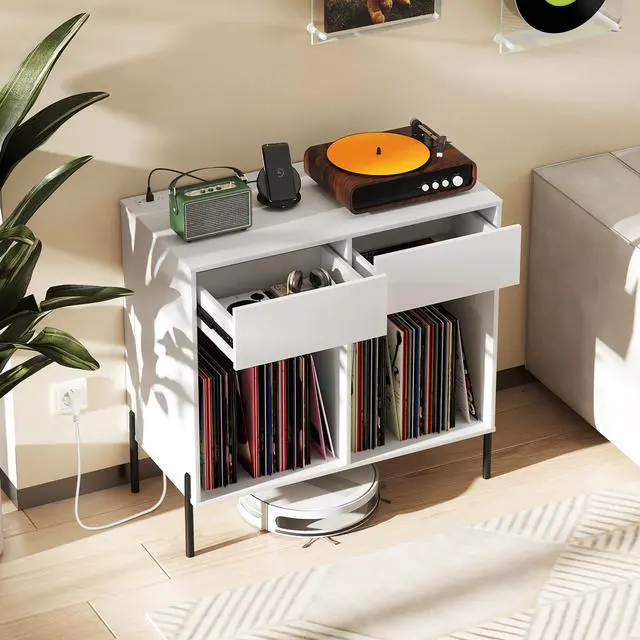 Alt view image 3 of 6 - Large Record Player Stand with Charging Station, Mid Century Wood Turntable Stand with 2 Storage Drawers & Compartments, Vinyl Record Storage for Living Room (White)