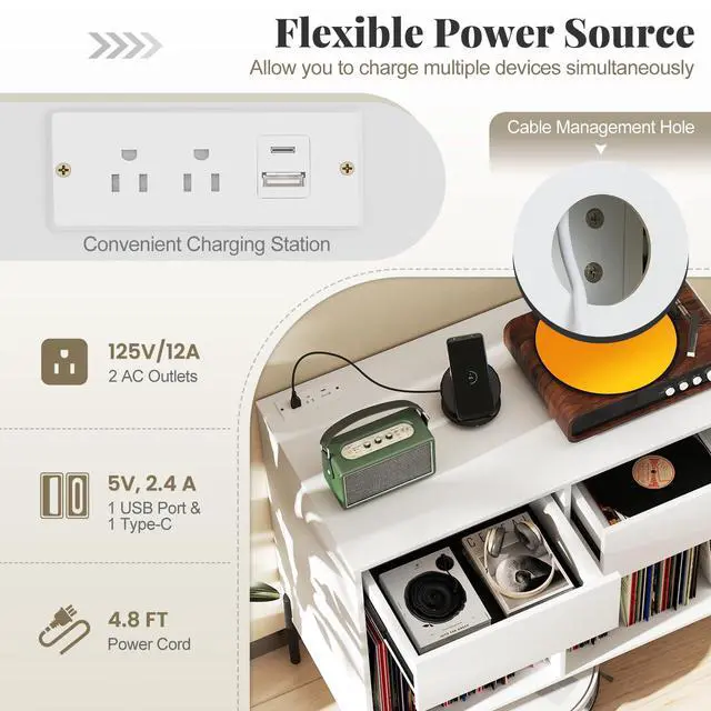 Alt view image 4 of 6 - Large Record Player Stand with Charging Station, Mid Century Wood Turntable Stand with 2 Storage Drawers & Compartments, Vinyl Record Storage for Living Room (White)