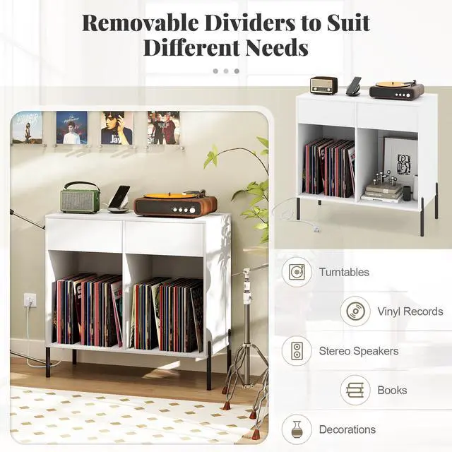Alt view image 5 of 6 - Large Record Player Stand with Charging Station, Mid Century Wood Turntable Stand with 2 Storage Drawers & Compartments, Vinyl Record Storage for Living Room (White)