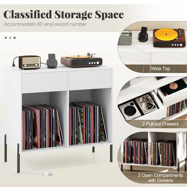 Alt view image 6 of 6 - Large Record Player Stand with Charging Station, Mid Century Wood Turntable Stand with 2 Storage Drawers & Compartments, Vinyl Record Storage for Living Room (White)