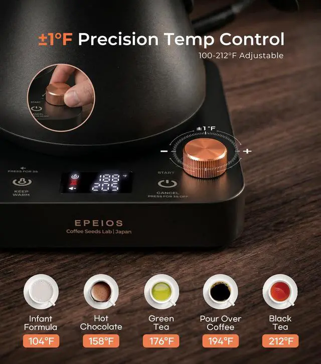 Alt view image 3 of 7 - Gooseneck Electric Kettle ±1°F Temperature Control,1200W,0.9L,Black