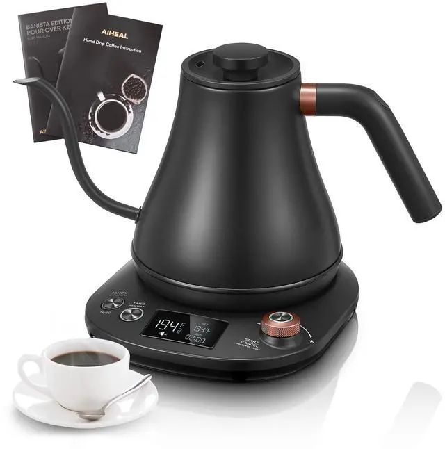Main image of Electric Gooseneck Kettle Temperature Control, Pour Over Electric Kettle for Coffee and Tea, 100% Stainless Steel Inner, 1200W Rapid Heating, 0.8L, Built-in Stopwatch, Matte Black