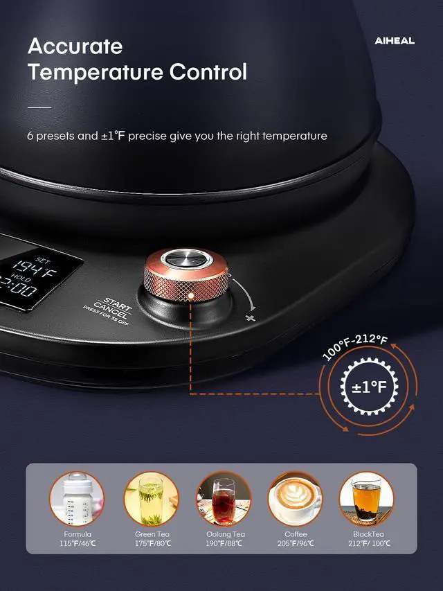 Alt view image 2 of 7 - Electric Gooseneck Kettle Temperature Control, Pour Over Electric Kettle for Coffee and Tea, 100% Stainless Steel Inner, 1200W Rapid Heating, 0.8L, Built-in Stopwatch, Matte Black